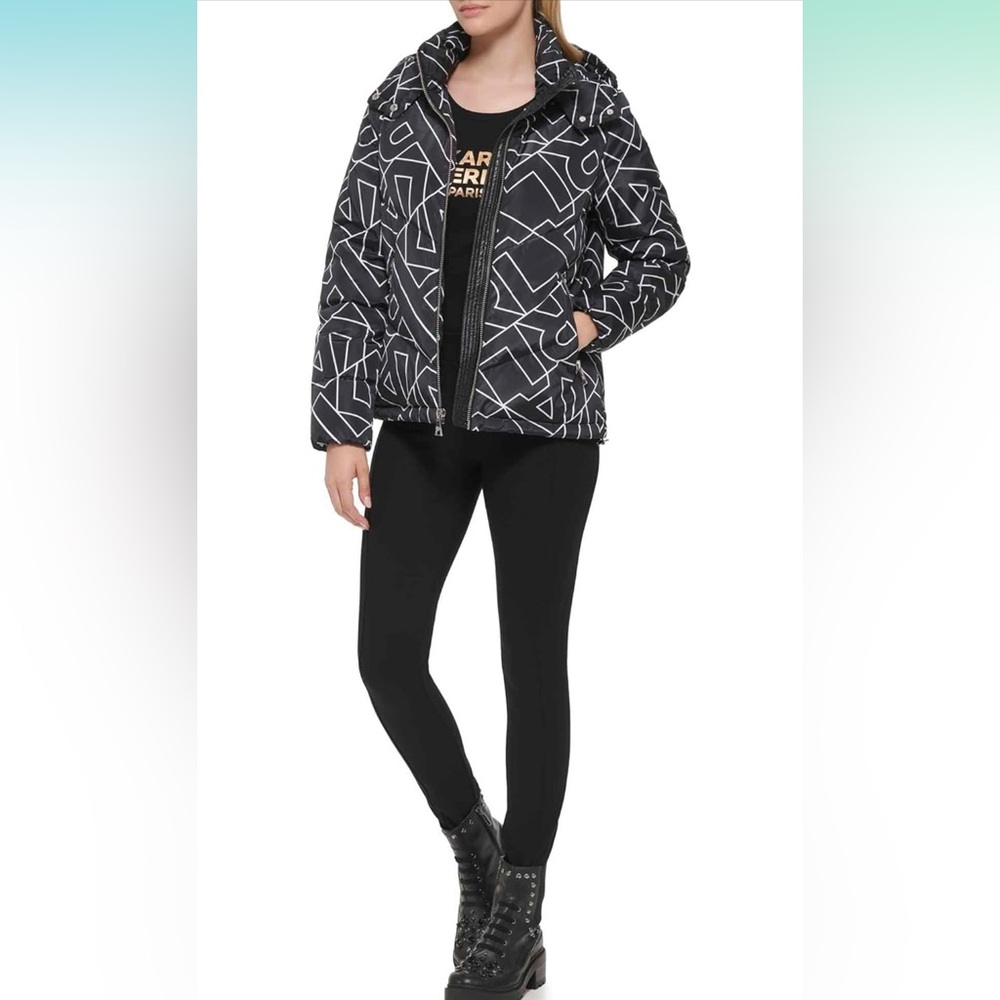 KARL LAGERFELD PARIS Logo Hooded Down Puffer Jacket XS